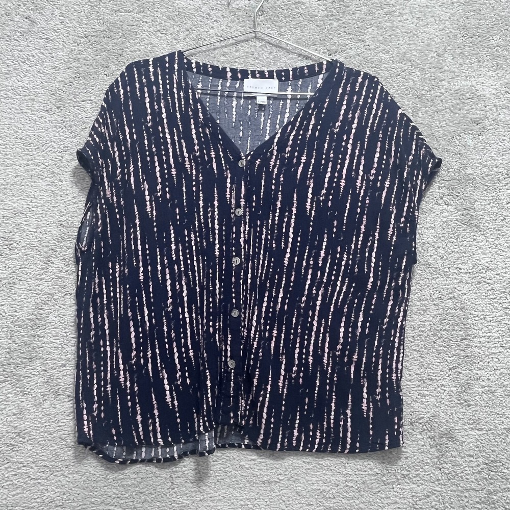 French Grey Button-Front Blouse Women's Size M Blue Rayon V-Neck Short Sleeve